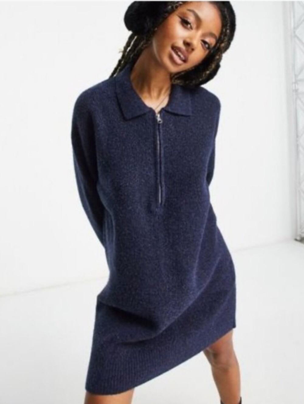 Weekday Nicki Pike Knitted Midi Jumper Dress In Navy Blue Size XS